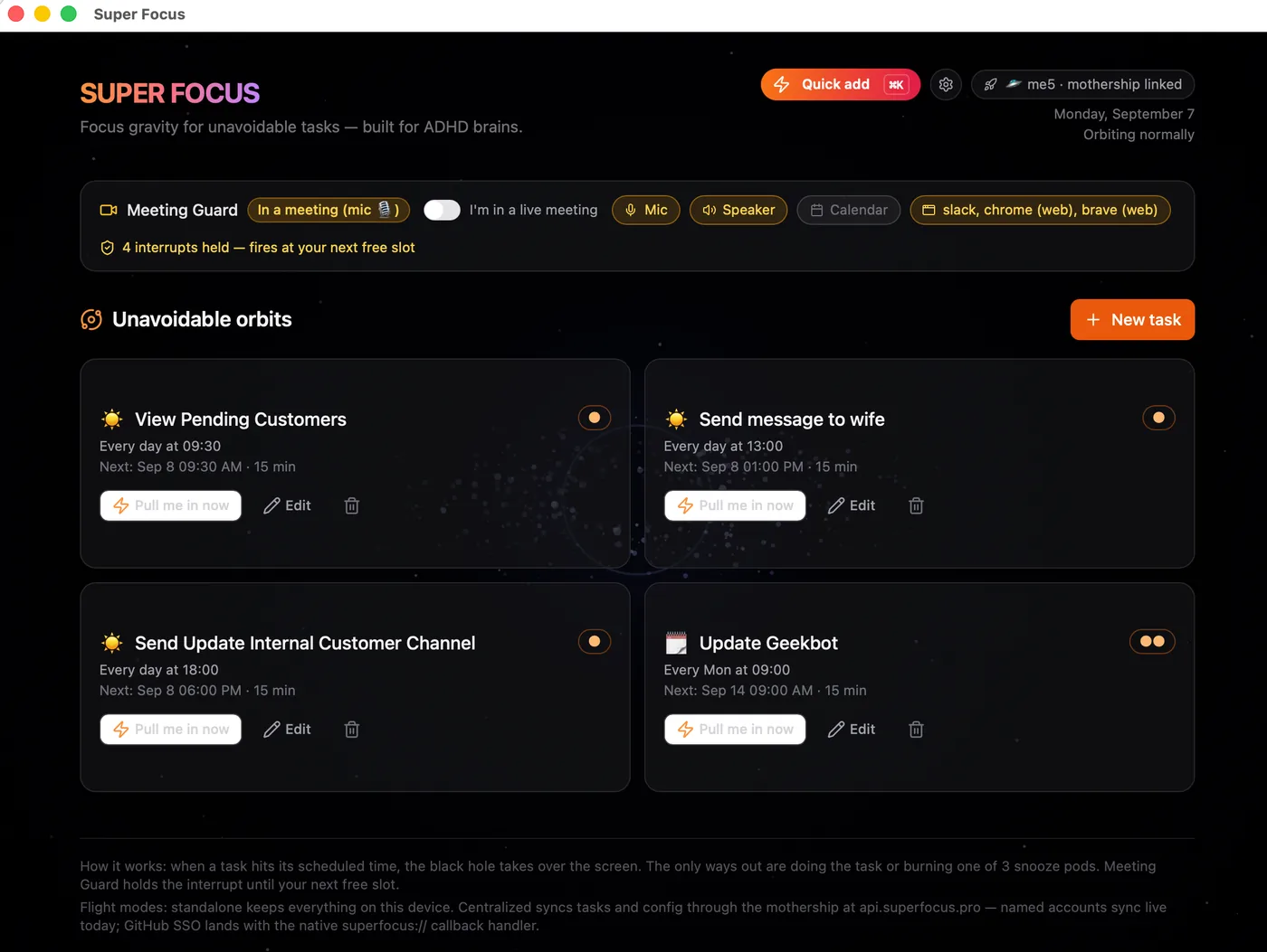 Super Focus dashboard: Meeting Guard holding 4 interrupts, and the day's unavoidable orbits